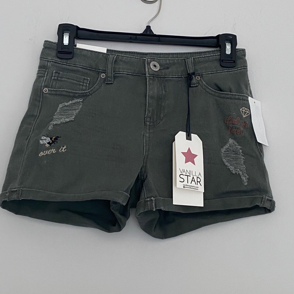 Vanilla Star Juniors Denim Shorts Olive 3” patches